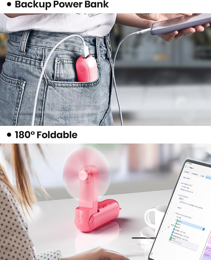 GAIATOP Portable Handheld Fan, 3 IN 1 Mini Foldable Travel Fans [17H Max Cooling Time] with Power Bank, Pocket Design USB Rechargeable for Travel Concert Lash Makeup, Summer Gifts for Women Girl, Rose