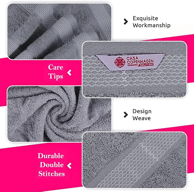 CASA COPENHAGEN Solitaire 6Pcs 100% Egyptian Cotton Large Designer Towels Gift Set- Grey Violet, 600GSM, 2Bath 2Hand 2Washcloths, Bath Towels for Bathroom Set for Women & Men