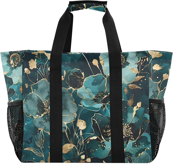 Bolaz Travel Tote Bag，Gym Bag for Men,Waterproof Beach Bag for Women Foldable Reusable-Watercolor Flower Green Gold Pattern