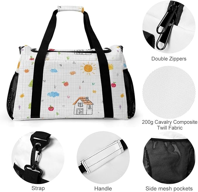 Cute Drawing Grid Paper Duffle Bag Gym Bag for Workout Travel Tote with Detachable Straps