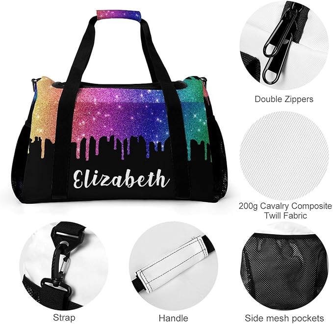 Personalized Sports Duffle Bags for Training, Colorful Bling Sequin Print Travel Bags with Adjustable Shoulder Strap, Custom Name Birthday Holiday Gift