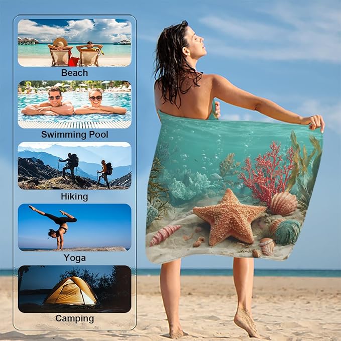 Seaweed Shells Starfish Beach Towel, Large Microfiber Quick Dry Lightweight Pool Bath Towels Sand Free Beach Blanket for Summer Cruise Yoga Camping Travel Vacation Essentials 31 x 61 in