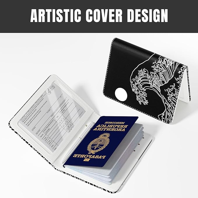 Rimilak Passport Holder, RFID Blocking Passport Cover Wallet Travel Essentials, Leather Travel Air Ticket Documents Organizer Protector for Women and Men, Abstract Waves