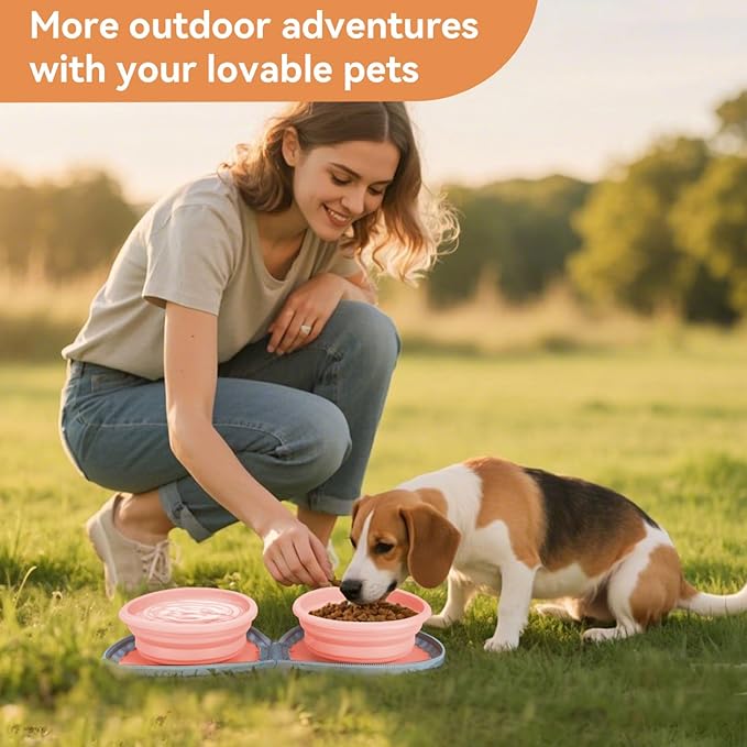 Collapsible 2-in-1 Dog Bowls: Leakproof Double Silicone Food & Water Bowl for Travel, Camping, Hiking - Portable Cat & Dog Feeding Supplies (Pink)