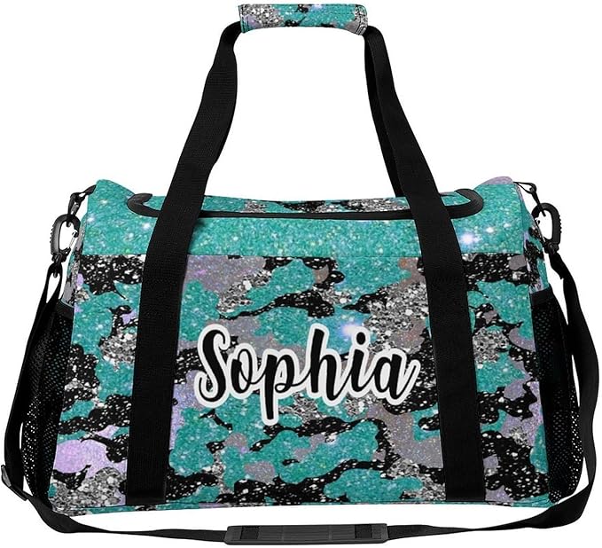 Personalized Teal Blue Camouflage Sequin Print Duffle Bags (Can Store Shoes) with Name for Women Man Custom Travel Perform Training Bags