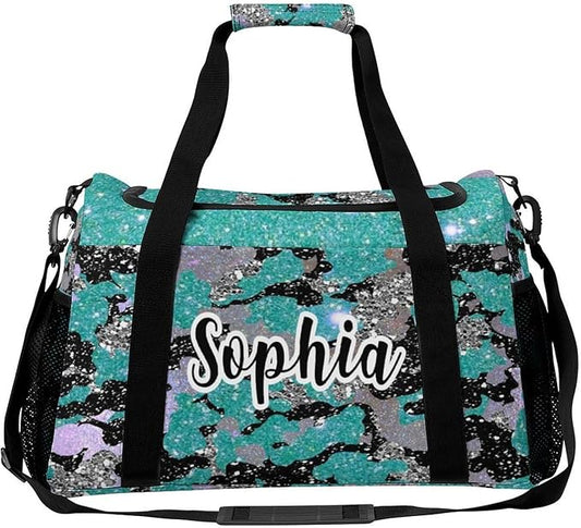 Personalized Teal Blue Camouflage Sequin Print Duffle Bags (Can Store Shoes) with Name for Women Man Custom Travel Perform Training Bags