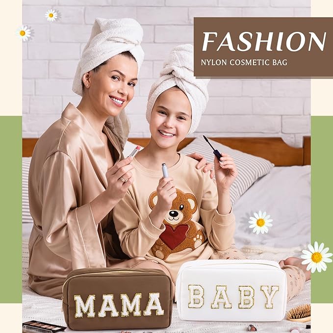 Sanwuta 2 Pieces Mama Gifts Makeup Bag Mom Pouch Birthday Gifts Nylon Cosmetic Bag Mothers Day Appreciation Toiletry Preppy Patch Chenille Letter for Women Her New Mom(Camel, White,Baby and Mama)