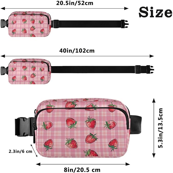 Pink Strawberry Checkered Plaid Fanny Pack for Women Men Water Resistant Fashion Waist Packs with Adjustable Strap Belt Bag for Travel Workout Jogging Hiking 21219342