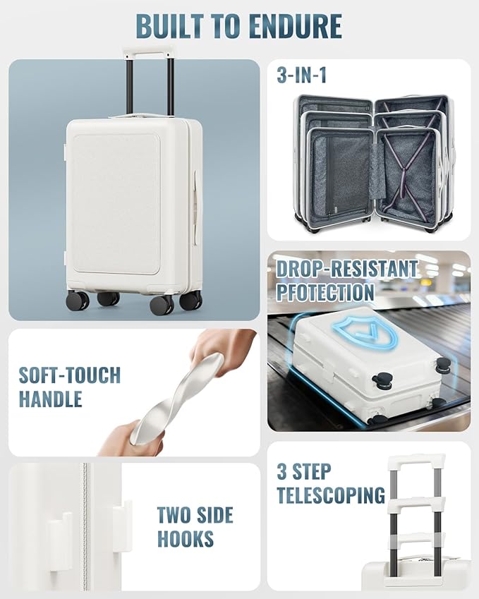 Joyway Luggage Sets 4 Piece with Spinner Wheels, Carry On Luggage 20In with ABS+PC Hardshell, Lightweight Suitcase Set with Travel Backpack and Pressure-resistant Frame, 20/24/28 Inch, White