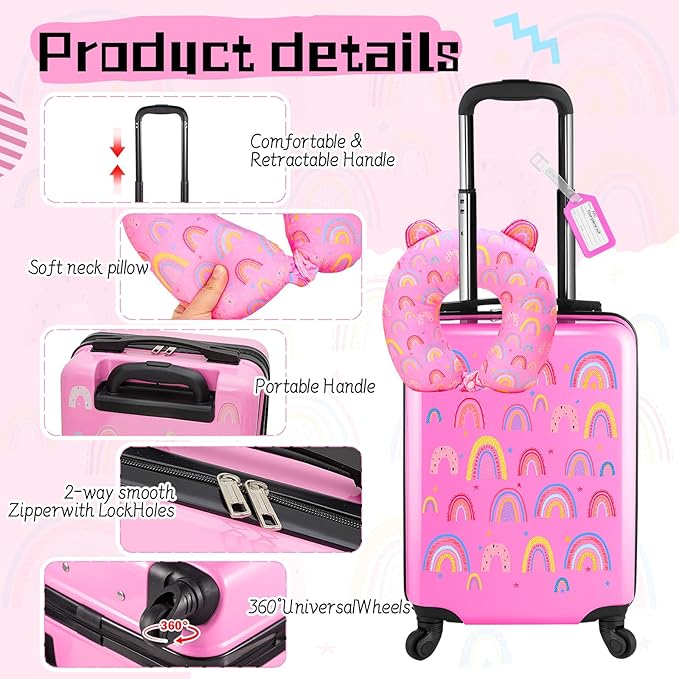 Sanwuta 4 Pcs Kids Luggage Set Rolling Suitcase Backpack U-shaped Pillow Kids Carry On Gift for Summer Travel Family Trip(17 Inch,Rainbow Style,Pink)