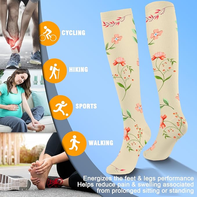 bropite Flora Compression Socks for Women & Men-Knee high 6 Pairs 20-30mmhg Support Running Nurse Travel