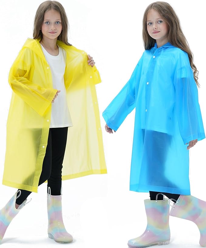 2 Pack Reusable Waterproof Raincoat EVA Emergency Rain Ponchos One Size Rain Jacket for Children, Boys and Girls