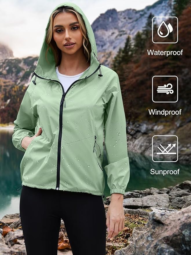 PITINAN Lightweight Rain Jacket Women Packable Wind Breaker Light Rain Jacket Women Waterproof Travel Raincoat S-XXL