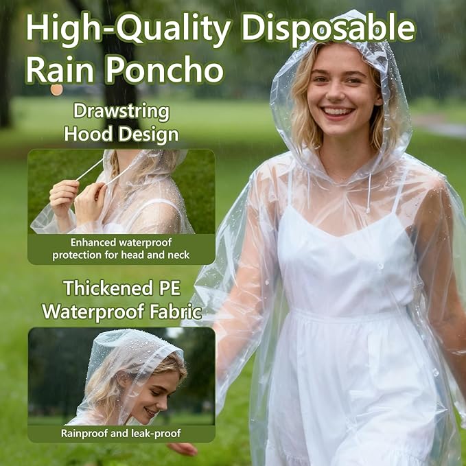 Disposable Rain Ponchos - Rain Poncho Waterproof Clear Raincoat With Hood Rain Jacket for Women and Men, Camping, Travel