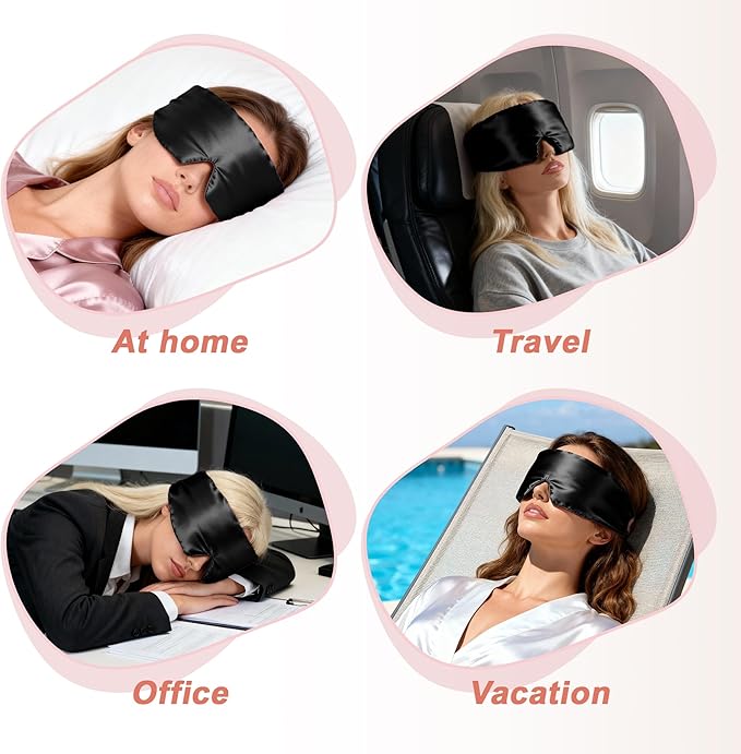 VOCOSTE 22 Momme Pure Silk Sleep Mask with Travel Pouch, 3D Contour Adjustable Blindfold for Side Sleepers, Eyelash Protecting for Natural Lashes & Extensions, Black