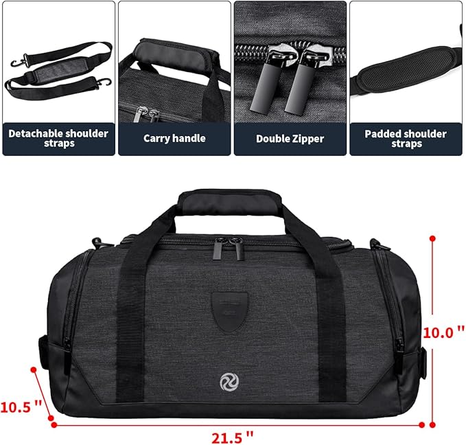 Gym Duffle Bag Backpack Waterproof Sports Duffel Bags Travel Weekender Bag for Men Women Overnight Bag with Shoes Compartment Black-Perfect Fathers Day Gifts for Dad/Men/Husband