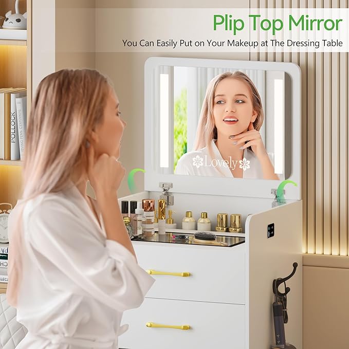 HNEBC 3 in 1 Vanity Desk with Plip Top LED Mirror,Small Dressing Table Set with Visible Glass Desktop,Compact Vanity with 3 Drawers,Storage Compartment and Padded Stool,for Bedroom(White)