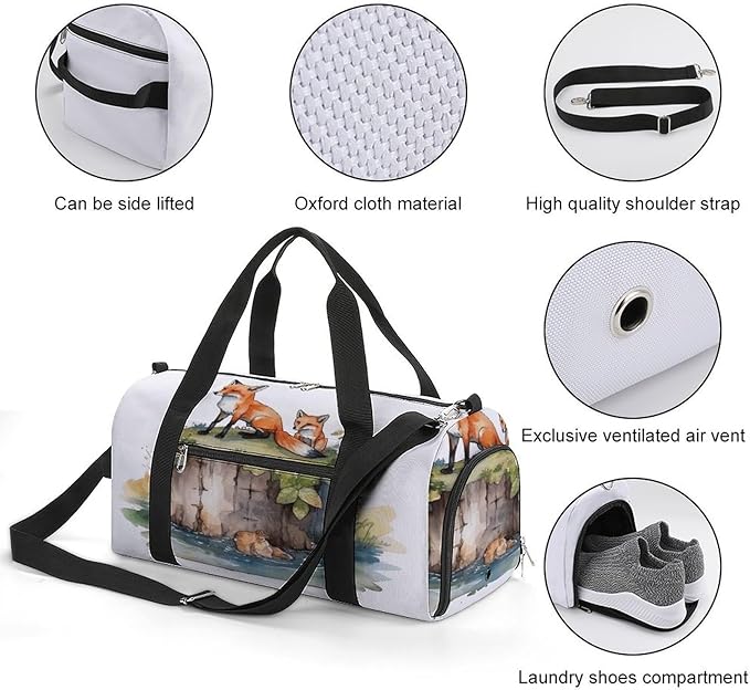 Oxford Cloth Hand Drawn Fox Gym Bag,Duffle Bag with Shoes Compartment And Adjustable Shoulder Straps，Weekender Bags for Men Women.