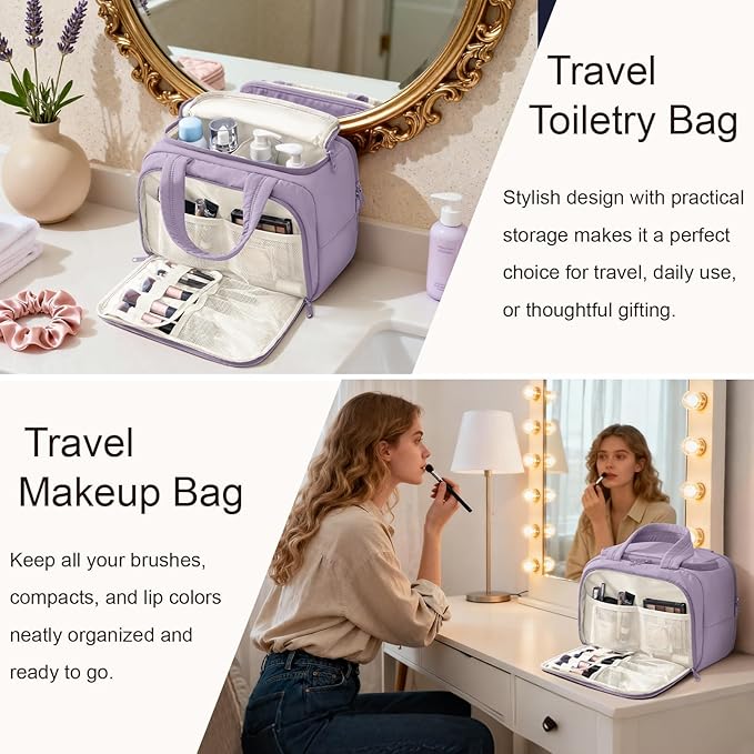 Travel Toiletry Bag for Women, Lightweight Large Quilted Puffy Makeup Bag Wide-open Make up Organizer Cloud Cosmetic Bag w/Handle for Traveling, Toiletries, Essentials Accessories Lavender