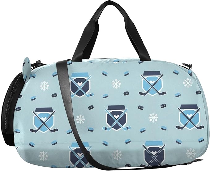 Winter Sports Hockey Blue Print Kids Sports Duffle Bag for Boys Girls Toddler Weekender Overnight Bag with Shoe Compartment & Wet Pocket Travel Foldable Bag for Travel Sport Gym Dance
