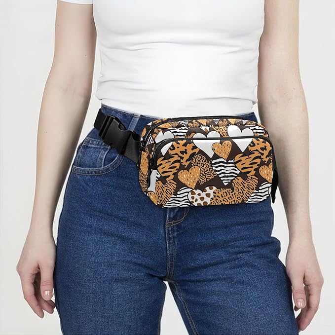 Leopard Zebra Print Heart Fanny Pack for Women Men Water Resistant Fashion Waist Packs with Adjustable Strap Belt Bag for Travel Workout Jogging Hiking 21219450