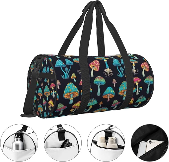 Gym Bags for Men Women, Foldable Travel Duffle Bag Colorful Neon Mushrooms, Lightweight Weekender Water Resistant Workout Sports Bag for Travel Yoga