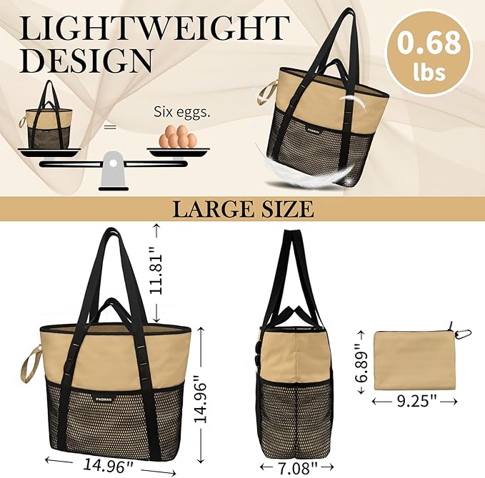 Large Beach Bag with Zipper-8 Pockets Sandproof Beach Tote Bag for Women,Foldable Lightweight Family Swim Bag Vacation