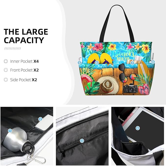 Beach Bag Tote Bags Waterproof Sandproof for Women Large Beach Tote Bag Foldable with Pockets for Weekend Vacation