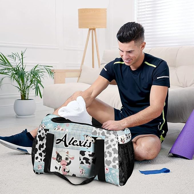 Gym Bags Blue Plaid Patchwork Cow Pattern Duffel Bag Adjustable Shoulder Strap Perform Training Travel Bag for Teens Adults Women Men Overnight Bag