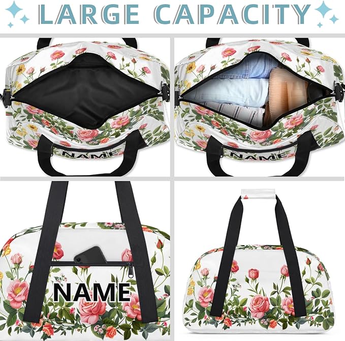 Floral Mini Gym Bag 18 inch for Women Men Waterproof Custom Pink Rose Travel Duffel Bag Carry On Overnight Tote Nurse Bag for Work Fitness Hiking