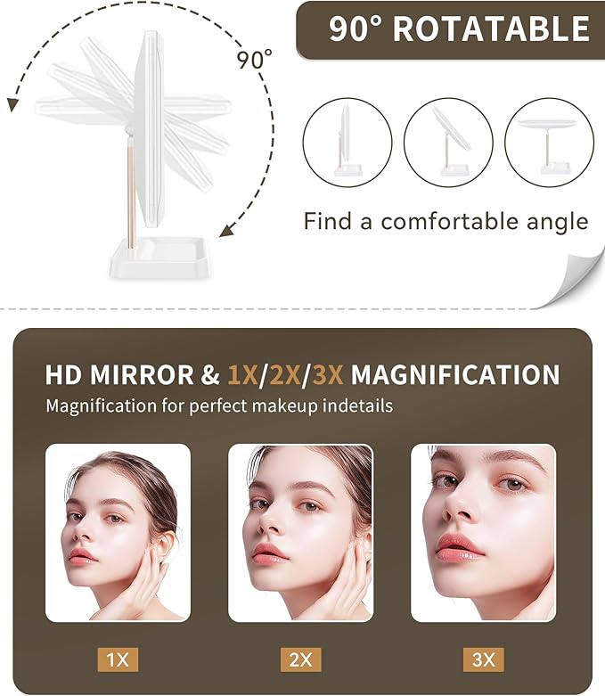 Lighted Makeup Mirror, Dimmable Vanity Mirror with Lights, Three Color Lighting Modes, and 1X 2X 3X Magnification