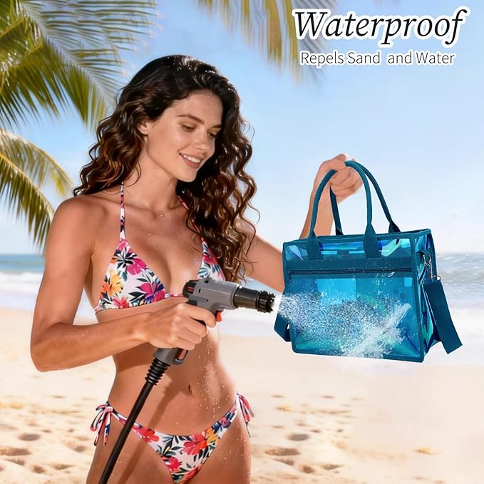 Iridescent Clear Beach Bag for Women, Large Pool Tote Cruise Vacation Essentials - Waterproof, Zipper Closure