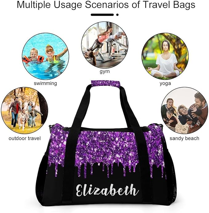 Purple Sparkle Sequin Print Duffle Bag for Men Women, Personalized Custom Name Text Crossbody Bags, Travel Sport Gym Perform Training Gym Bag