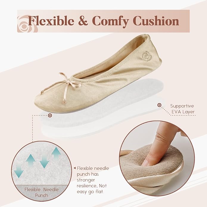 BCTEX COLL Women's Ballerina House Slippers with Bow, Ladies Satin Bedroom Slipper with Suede Sole Indoor
