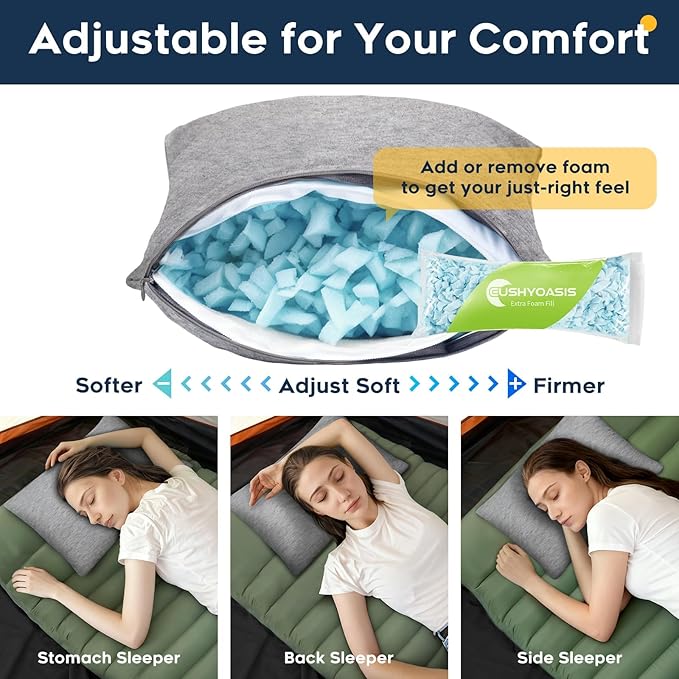 All-in-1 Travel Pillow Set - Shredded Memory Foam Neck Pillow Camping Pillow with Eye Mask, Earplugs, Washable Cover, Compact for Backpacking, Camping, Flights, Car Travel (Medium Size)