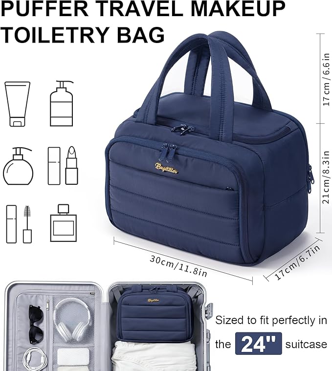 Travel Toiletry Bag for Women, Lightweight Large Quilted Puffy Makeup Bag Wide-open Make up Organizer Cloud Cosmetic Bag w/Handle for Traveling Toiletries Essentials Accessories Navy Blue