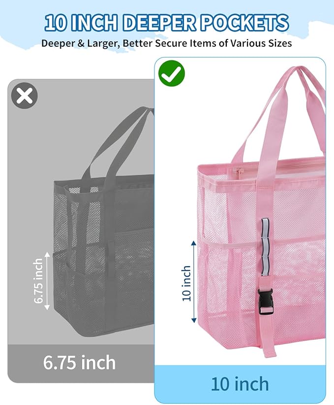 WANDF Mesh Beach Bag for Women, Large Beach Tote Bags with 40oz Tumbler Side Pockets, Family Pool Bag for Swim Toys Towels Cruise Vacation Essentials (Pink) | Breathable