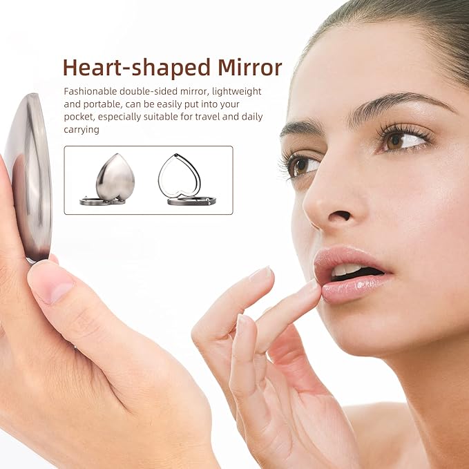 Mini Vintage Heart Elegant Metall Makeup Mirror, Portable 1X/2X Magnifier (Silver)