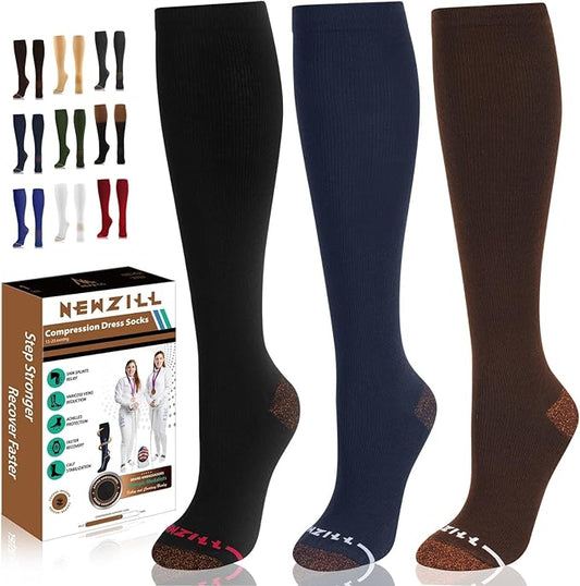 NEWZILL Copper Compression Socks for Women & Men 15-20mmHg Cotton Rich Odor Control Dress Socks for Business Casual Running Medical Athletic Support, Edema Diabetic Relief