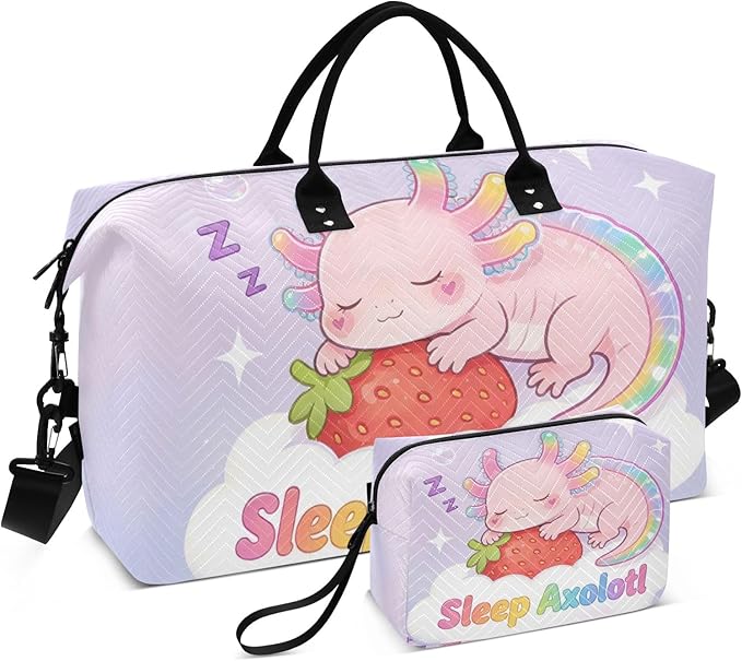 Travel Duffle Bag, Sleep Axolotl Strawberry Gym Bag with Storage Bag Weekender Overnight Bag for Men Women Trip Sports Yoga