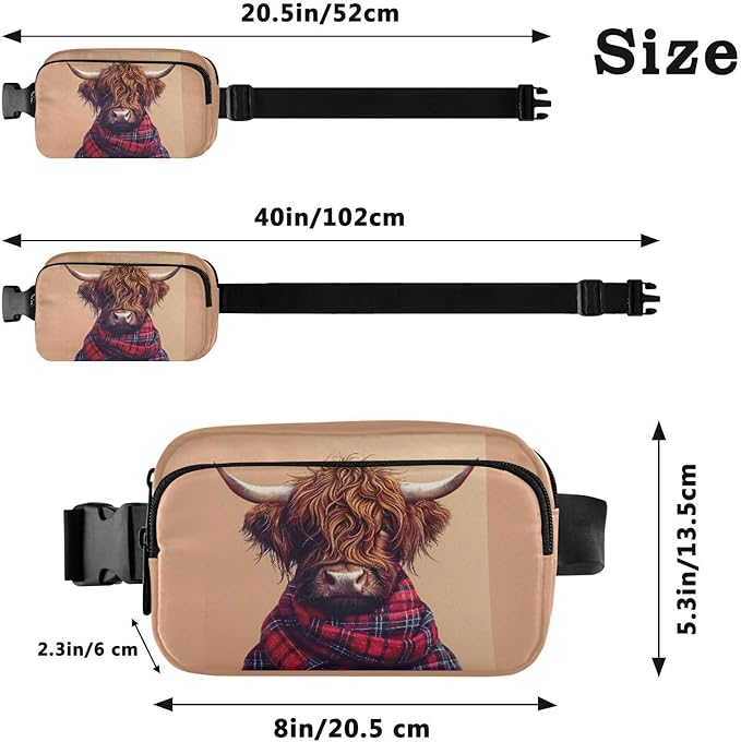 Highland Cow in A Plaid Scarf Fanny Pack for Women Men Water Resistant Fashion Waist Packs with Adjustable Strap Belt Bag for Travel Workout Jogging Hiking 21218650