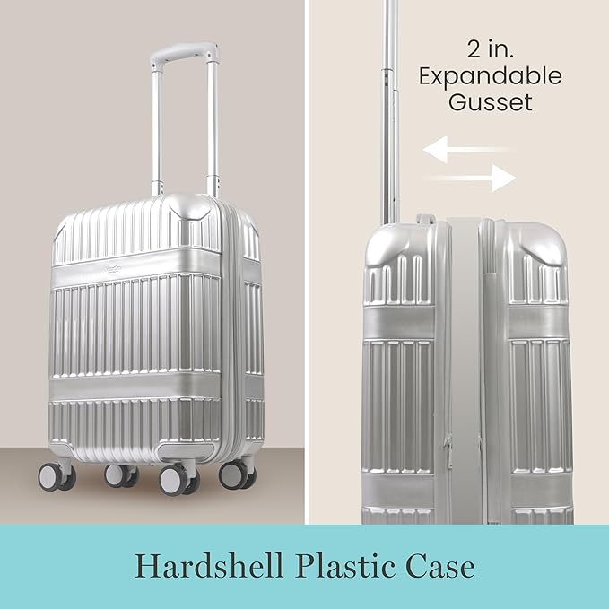 Martha Stewart The Bedford 3 Piece Rolling Luggage Set, Hardshell Suitcases with Spinner Wheels, 22/26/30 Inch, Silver