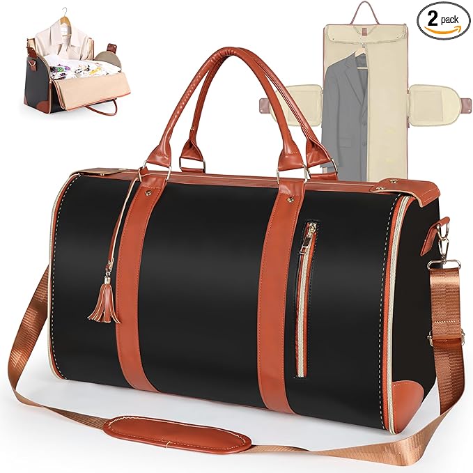 Geestock Garment Bag for Travel, Convertible Carry On Garment Duffle Bags for Women with Shoe Pouch & Detachable Shoulder Strap, Large PU Leather, 2 in 1 Hanging Suitcase Dress Suit Travel Bag, Black