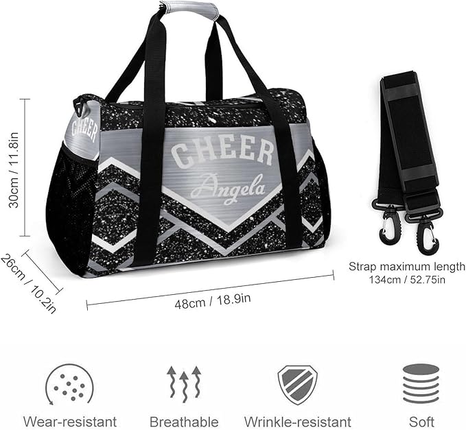 Cheer Silver Black Grey Cheering Stripes Tote Bag, Customized Duffel Bags Weekender Overnight Bag Travel Bag Personalized Gift Gym Bags Luggage Bag