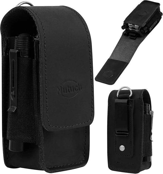 Leather EDC Multitool Sheath with Flip Closure | Leather EDC Belt Organizer | Flashlight Holster | Heavy Duty Multitool Organizer