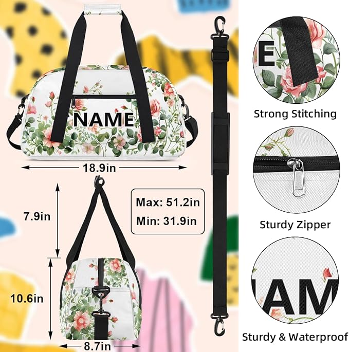 Leaves Floral Rose Mini Gym Bag 18 inch for Women Men Waterproof Custom Pink Flowers Travel Duffel Bag Carry On Overnight Tote Nurse Bag for Work Fitness Hiking