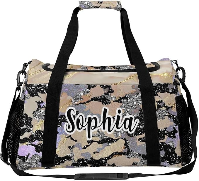 Khaki Grey Camo Sparkle Print Waterproof Duffel Bag, Adjustable Shoulder Strap Pack, Perform Training Travel Bag for Teens Adults Women Men