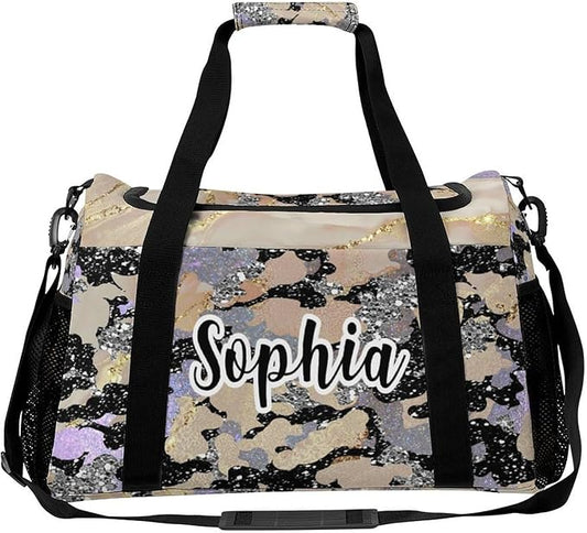 Khaki Grey Camo Sparkle Print Waterproof Duffel Bag, Adjustable Shoulder Strap Pack, Perform Training Travel Bag for Teens Adults Women Men