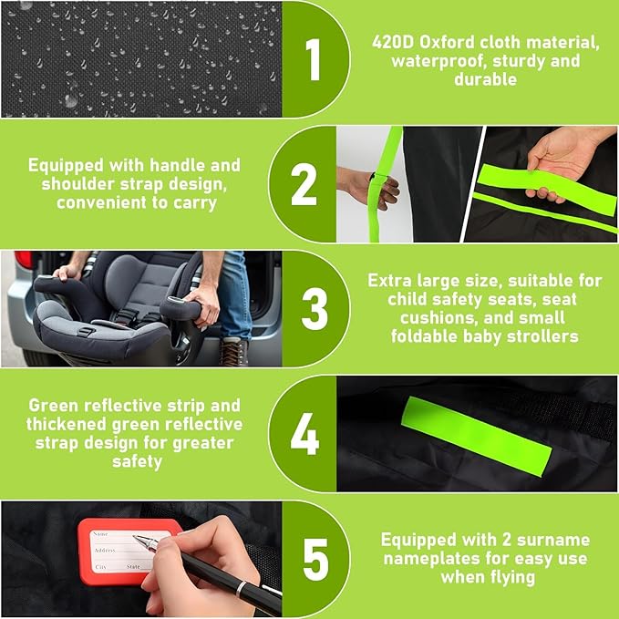 2PCS Car Seat Bags For Airplane Travel, Gate Check Bag, Durable Travel Bag with Thickened Shoulder Straps and 2pcs Luggage Tags For Airplane