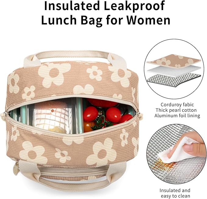 Lunch Bag Women Lunch Box for Women Adult Cute Insulated Lunch Bag Small Cooler Lunch Tote Bags for Work Picnic School (Brown-Flower)